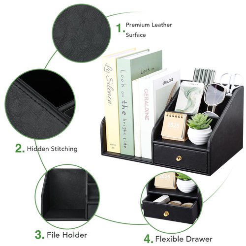 GORESE PU Leather Desk Organizer, File Organizer with Drawer and 4 Compartments, Desktop Organization with Magazine file Holder for Office Supplies, Elegant Gift for Men Who Have Everything, Black