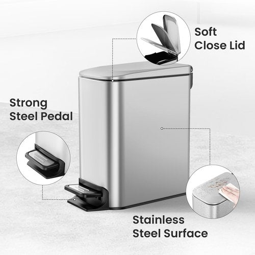Cesun Small Bathroom Trash Can with Lid Soft Close, Step Pedal, 6 Liter / 1.6 Gallon Stainless Steel Mini Garbage Can for Office, Outdoor Trash Bin with Removable Inner Bucket (Silver)