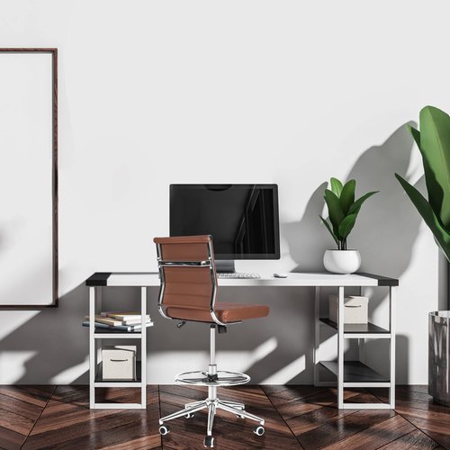LUCKWIND Drafting Chair Tall Office Chair Ribbed - Mid-Back PU Leather Standing Desk Stool with Adjustable Foot Ring Wide Seat Tilt-Tension Rocker Lumbar Support Swivel Rolling 400lbs, Brown