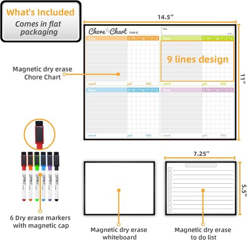 JJPRO Magnetic Dry Erase Chore Chart Set for Fridge | Includes Bonus Grocery Pads for Kids