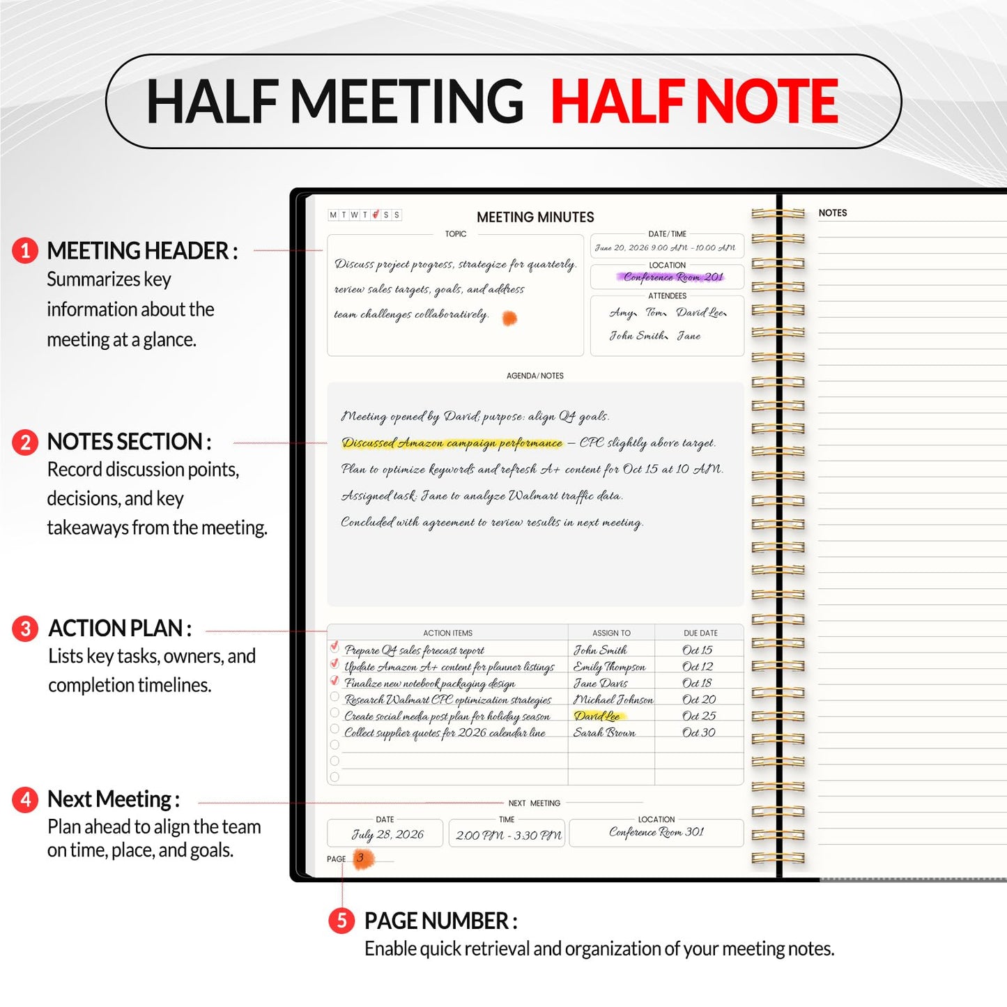 SUNEE Half Meeting Half Note 7"x10" Notebook for Work – 140 Pages, B5 Size Project Planner for Women&Men, Minutes Organizer for Meeting Notes, Ideas for Office/Business, PVC Waterproof Cover, Black