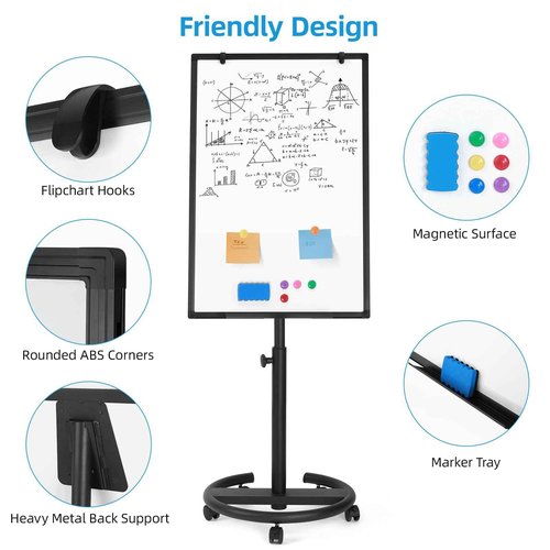 36 x 24 inches Mobile Whiteboard, Magnetic Dry Erase Board, Portable Standing Flip Chart Easel on Wheels for Office Classroom Home, Black