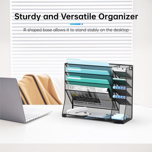 JMHUD Wall File Organizer, 5-Tier Desk Organizer with 4 Pen Slots, Vertical Hanging Wall File Folder Holder with R-shaped Bottom Tray, Mesh Mail Holder Desk Organization for Office, Black
