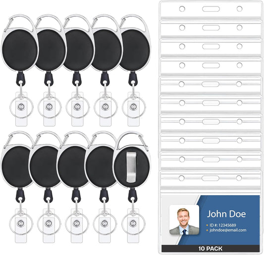 Will Well ID Badge Holders - Horizontal Clear Plastic Sleeves for 3 Cards | 10-Pack with Retractable Cords