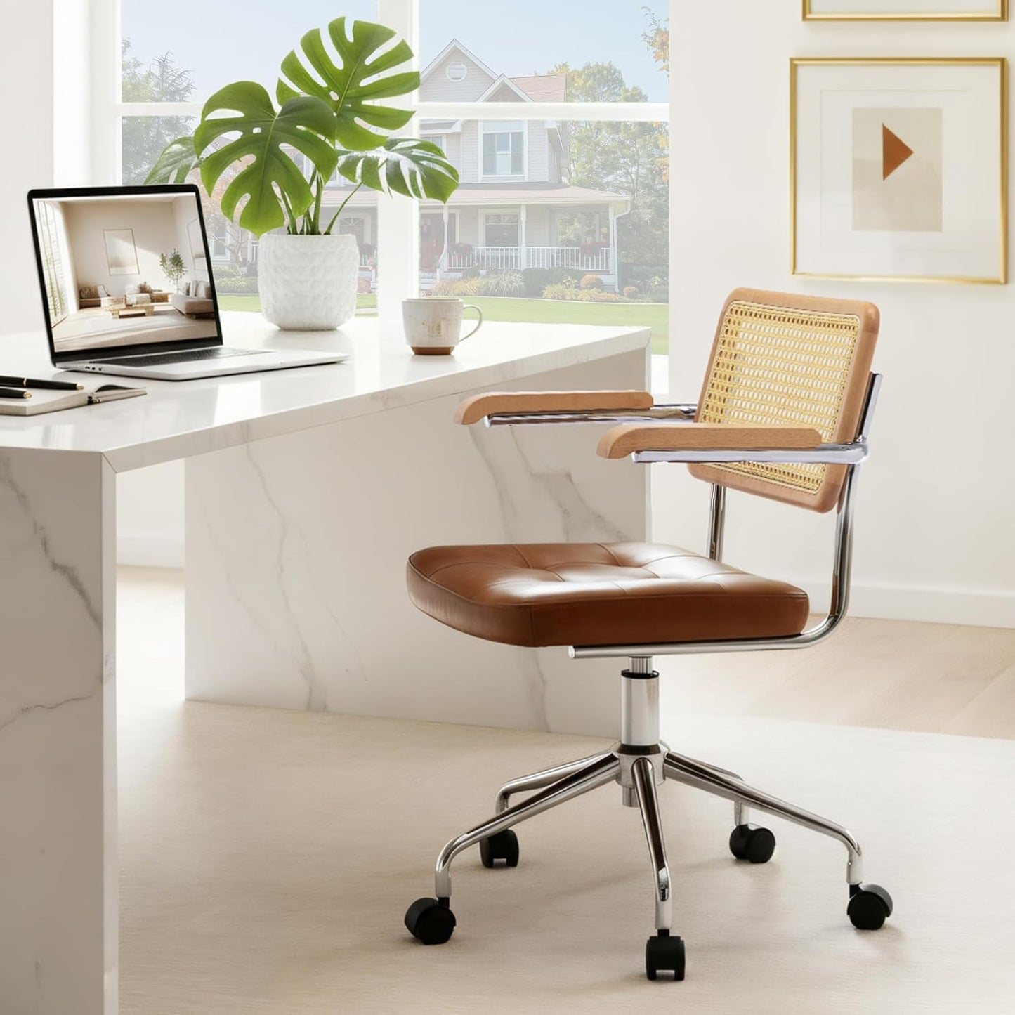 Zesthouse Leather Office Desk Chair - Mid Century Rolling Design with Wood Arms & Rattan Back | Brown