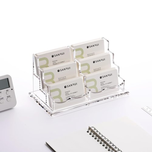 Acrylic Business Card Holder for Desk, Clear Display Stand with 6 Slots, 3-Tier Horizontal Name Card Stands, Office Desk Organizer for Women & Men , Holds 50 Cards Each Pocket