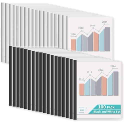 Binditek 100 Pack Clear Report Covers with 9mm Sliding Bars, 70 Sheet Capacity, Black and White Binding Bars, Letter Size, for Students and Coworkers