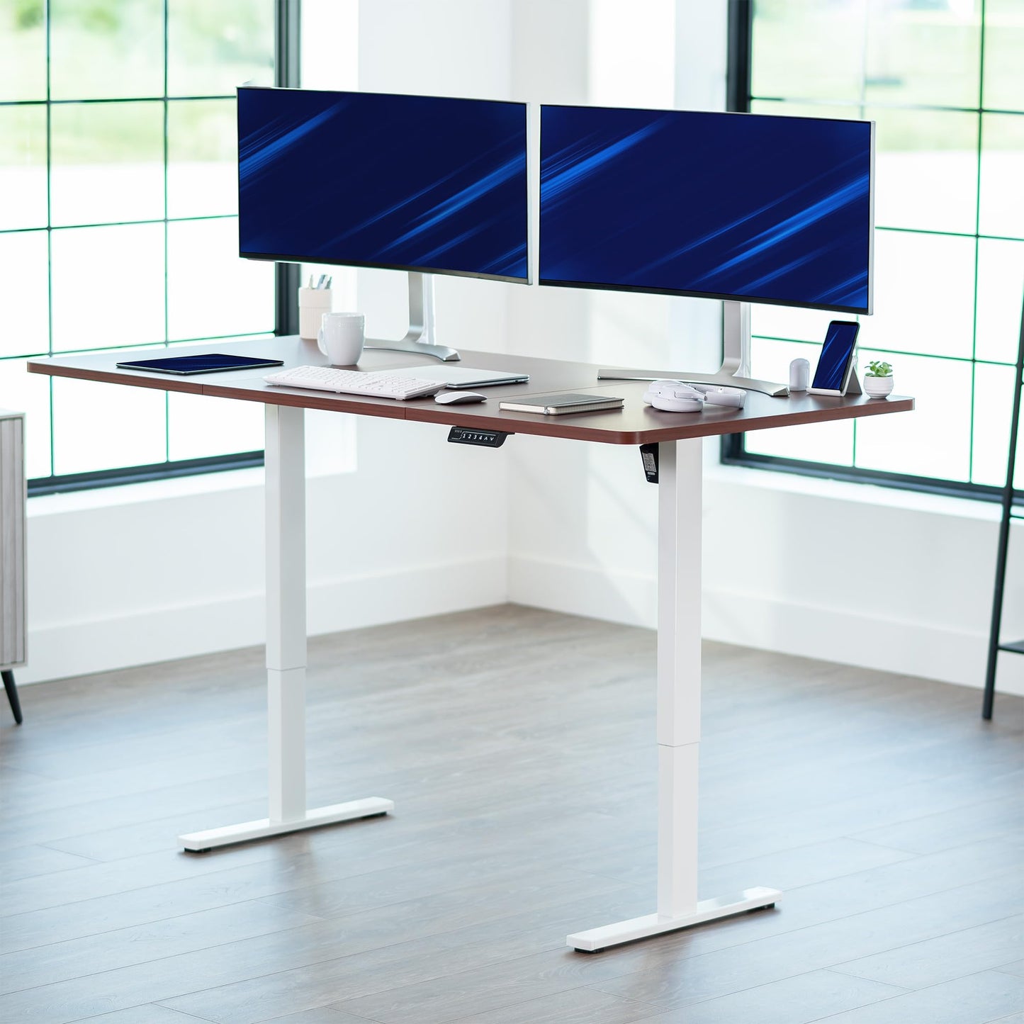 VIVO Electric 71 x 36 in Standing Desk, Memory Height Adjustment, 1B Series, Holds 220 lbs, Dark Walnut Top White Frame, DESK-KIT-1W7D-36
