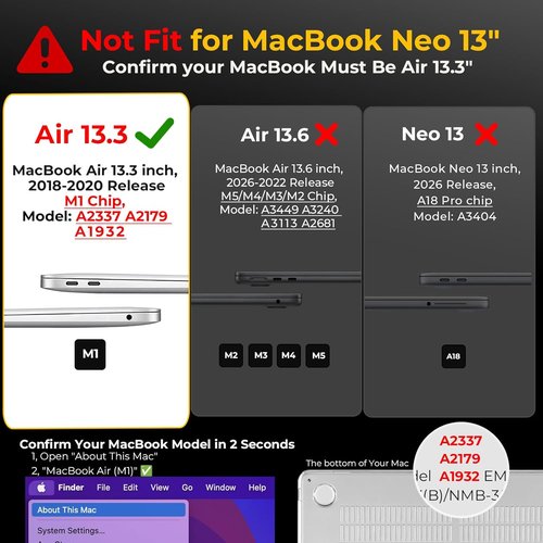 EooCoo Hard Case for MacBook Air 13.3" M1 (2021-2018) - Crystal Black with Keyboard Cover & Screen Protector
