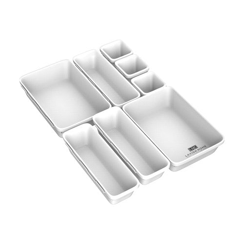 8 Pc. Drawer Organizer Bin – Space Saver Plastic Stacking Modular Kitchen, Bedroom, Office and Bathroom Vanity Storage Compartment Tray by Lavish Home White