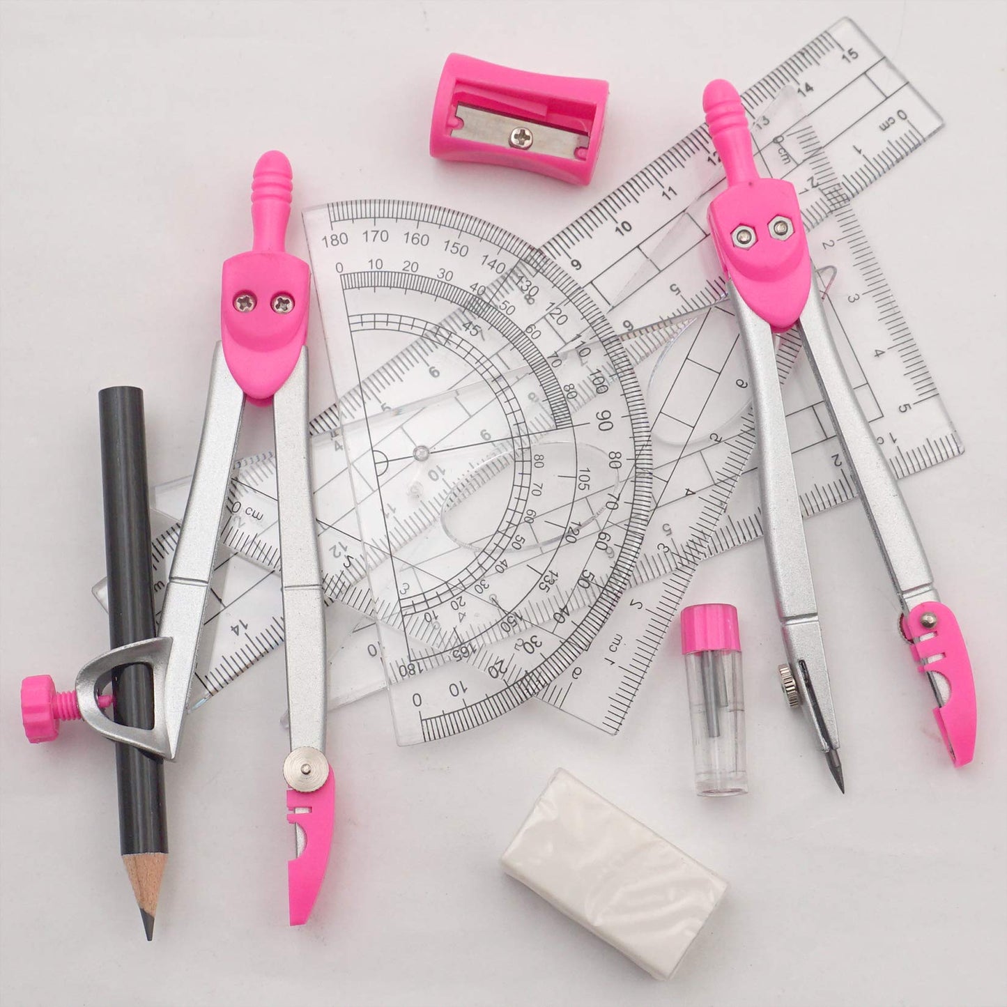 Geometry Set Maths Compasses for Grade Students Back to School Supplies with Compasses Protractor in Carry Case, Pink