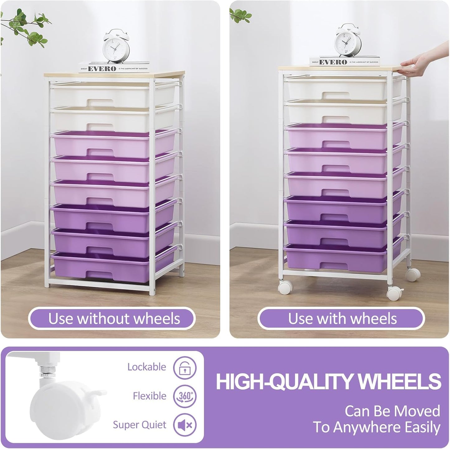 SYKIARIOL Rolling Utility Cart - 8 Drawer Storage with Wooden Tabletop for Home & Office | Purple