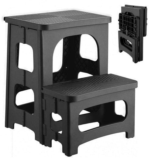 2 Step Stool Foldable, Non-Slip Steps, Folding Step stool for Adults & Kids, Plastic Step Stool Pool Ladder, Collapsible Stools 2 Step Ladder for Kitchen Toilet Bedroom Office RV, Holds 330 lbs, Black