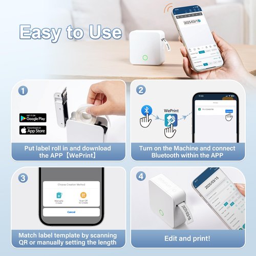 DETONGER Label Maker Machine with Tape P0 Rechargeable Bluetooth Mini Label Printer Portable Small Thermal Labeling Machine Easy to Use for Home Office School Organization Battery Included White