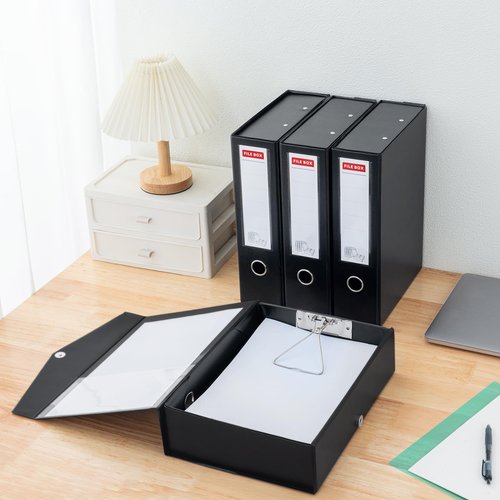 LE PAPILLION JEWELRY Storage File Boxes 4 Pack, Foldable Archives Cases with Clip, 88mm Spine, File Boxes with Magnetic Closure, Plastic Document File Organizer Storage, Black