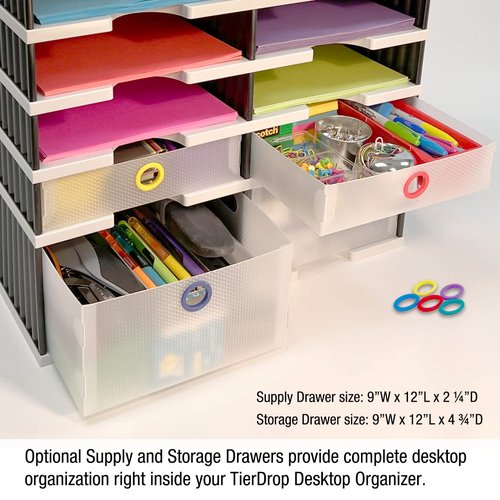 Desktop Organizer 4 Letter Tray Sorter Plus Riser Storage Base for Easy Access to Lower Slots, Desk Accessories & Supplies. Optional File Topper & Drawers