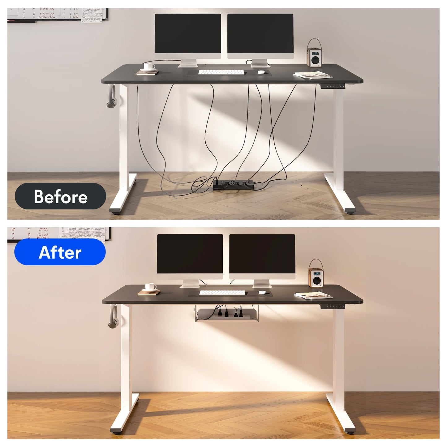 FLEXISPOT EN2 Whole-Piece Standing Desk with Clamp Power Strip, 55 x 28 Electric Stand Up Height Adjustable Desk with Cable Management (Gray Frame + 55" Black Top, 2 Packages)