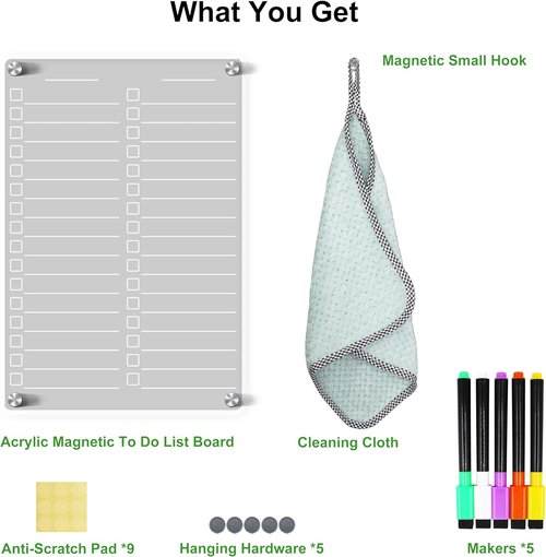 Skiennix Acrylic Magnetic Dry Erase Board - 12" x 8" Clear To-Do List for Fridge | Includes 5 Markers