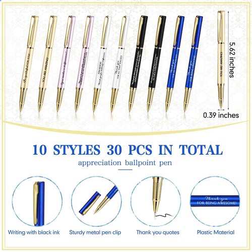 PerKoop 30 Set Thank You Pen Employee Appreciation Ballpoint Pen with Engraved Inspirational Quotes with Box for Thanksgiving Medical Assistants Teacher Student Office Black Ink(Multicolor,Mixed)