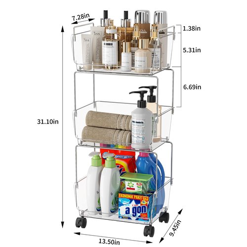 TrendyBin 3-Tier Rolling Cart with Wheels, Clear Bathroom Storage Cart with Lockable Wheels, PET Utility Cart for Kitchen, Bedroom, Office,Snack, Makeup - Multifunctional Storage Easy to Assemble