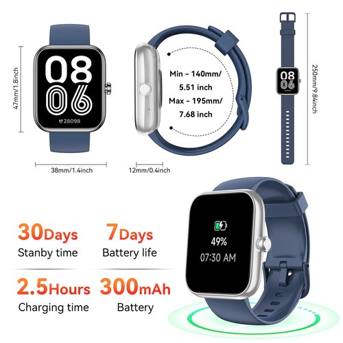 SENBONO Smart Watch with Alexa Built-in, 1.83" HD Touchscreen, Bluetooth Calling, IP68 Waterproof Fitness Tracker, 120+ Sports Modes, 24/7 Heart Rate/Sleep Monitor for iPhone Android (Blue)