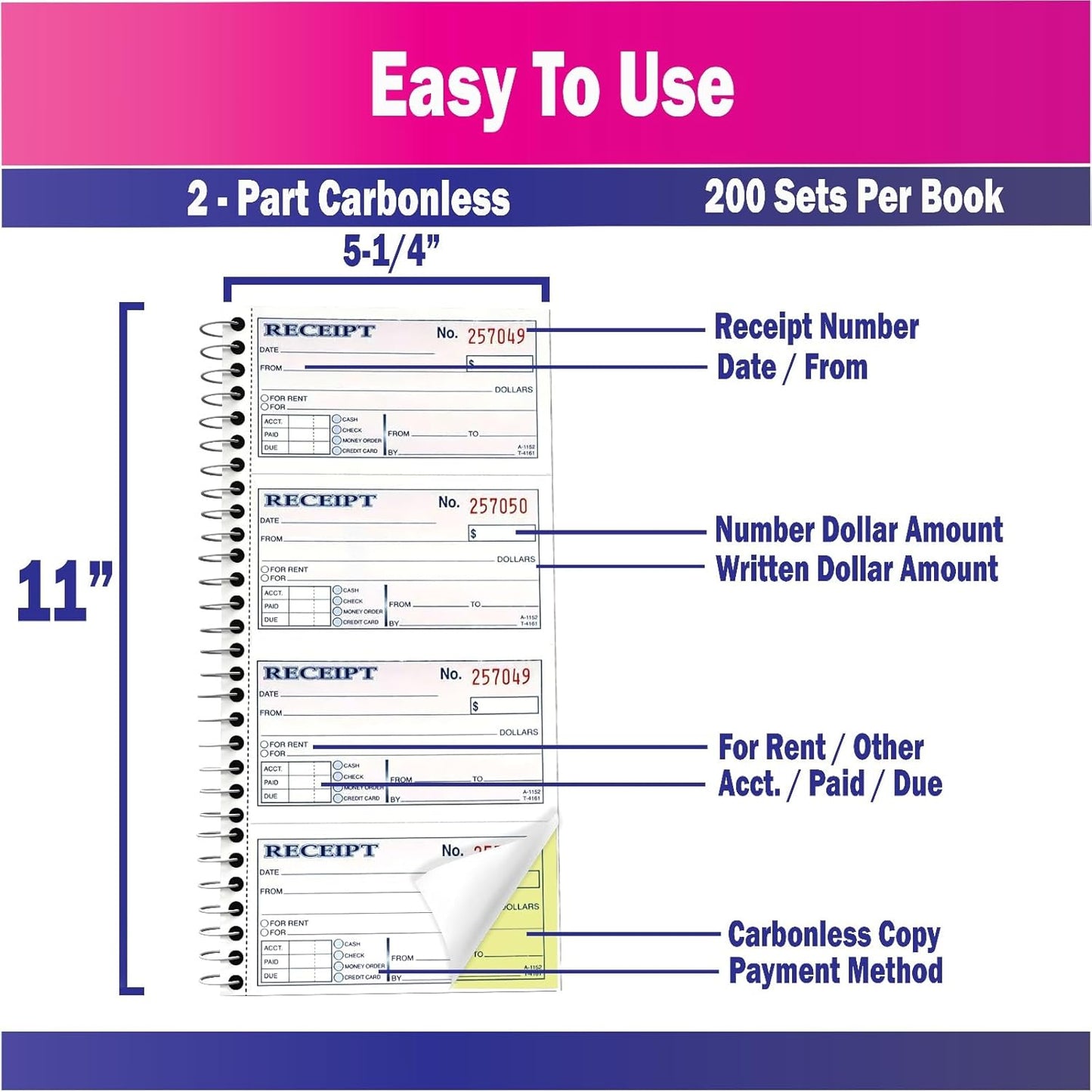 Receipt Book (5 Pack Books), Receipt Book with Carbon Copies, Invoice Receipt Book, Rent Receipt Book, Receipt Book for Small Business, 6 Pens, 2-Part Carbonless, 5-1/4" x 11", 200 Sets