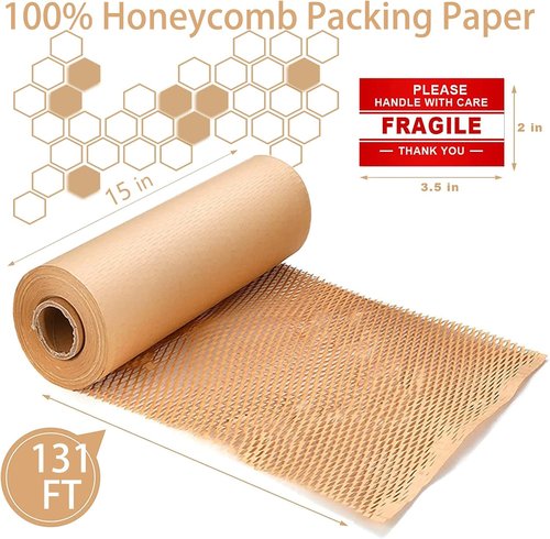 Onesimcr Honeycomb Packing Paper Wrap - 15" x 131' Eco-Friendly Alternative to Bubble Wrap | Includes 20 Fragile Stickers