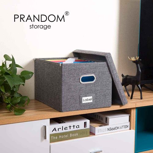 PRANDOM File Organizer Box - Set of 4 Collapsible Decorative Linen Filing Storage Hanging File Folders with Lids Office Cabinet Letter/Legal Size Grey 17.1x14x11.1 inch
