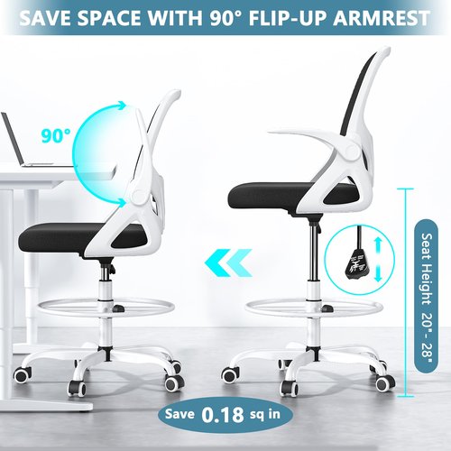 Kensaker Tall Drafting Chair with Footrest Ring for Home and Work, Ergonomic Home Desk Office Chair with Flip up Arms and Lumbar Support, Extended Height Executive Home Desk Office Chair(White)