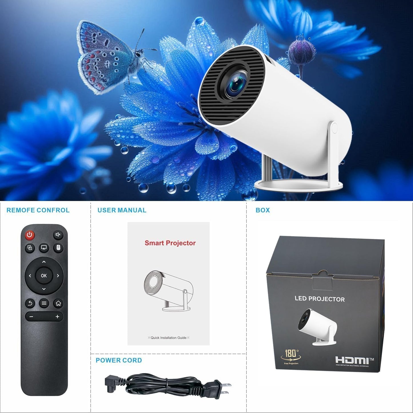 Mini Portable Projector 4K WiFi 6 BT 5.2 Upgraded Portable Projector Full HD Supported for Phone /PC /TV /HDMI /PS5 /Laptop Auto Keystone Home Theater 180° Rotation [Built-in App] White