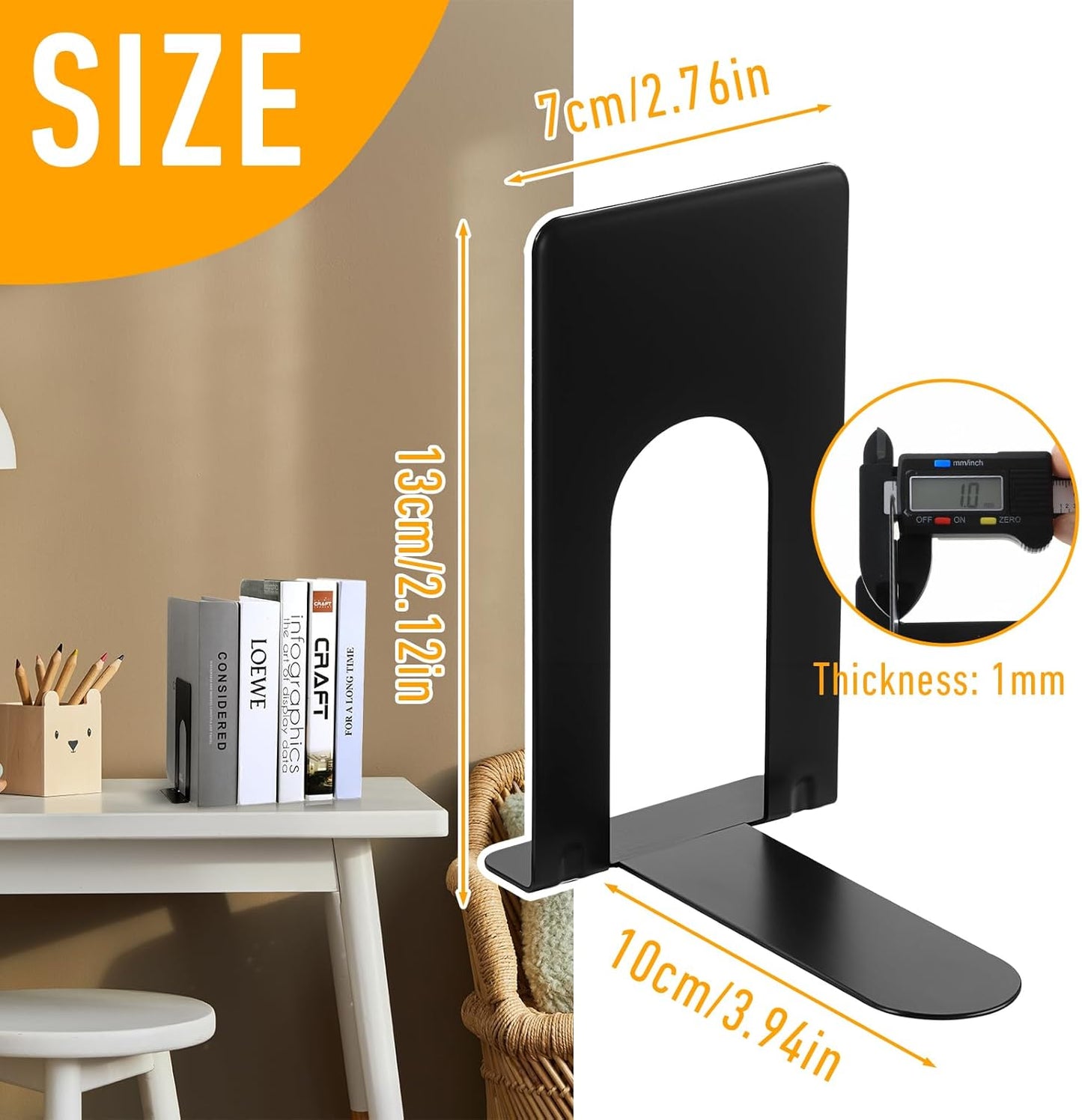 Skiennix Heavy Duty Metal Bookends - Nonskid Design for Home & Office | 10 Pairs in Black