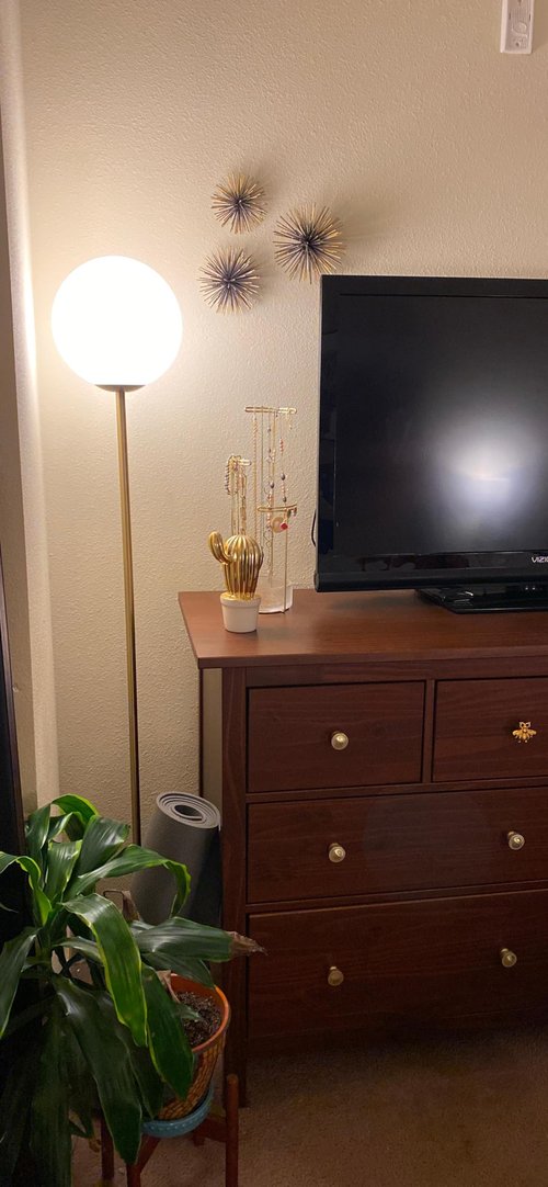 Brightech Luna LED Floor lamp, Modern Lamp for Living Rooms & Offices, Great Living Room Décor, Tall Lamp with Frosted Glass Globe, Mid Century Standing Lamp for Bedroom Reading - Brass/Gold