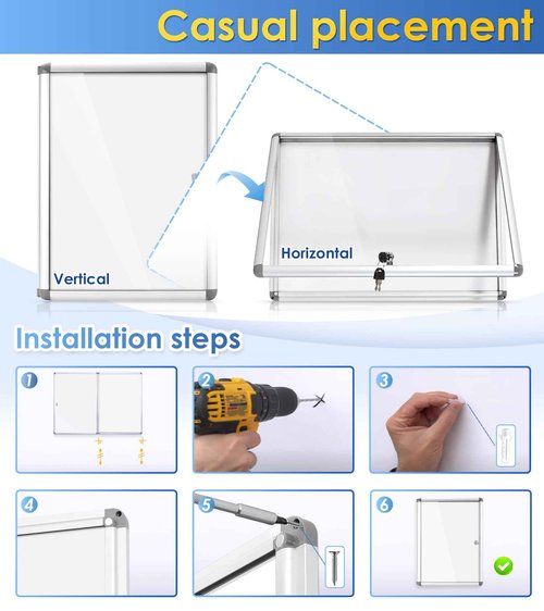 SWANCROWN Enclosed Bulletin Board Dry Erase Noticeboard Lockable Display Boards White with Aluminium Frame 20x14inch(2xA4)