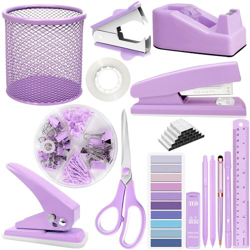 Purple Desk Accessories, Office Supplies Set with Stapler, Staple Remover, Pen Holder, Ballpoint pens, Hole Puncher, Tape Dispenser, Scissor, Ruler, Binder/Paper, Clips, for Home School Office