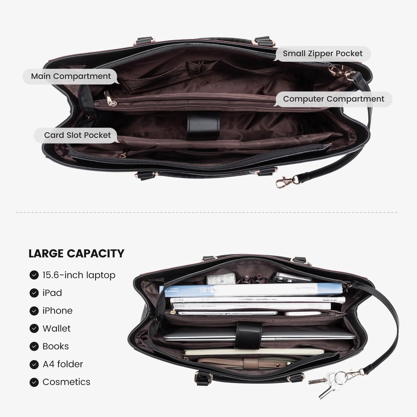 LOVEVOOK Laptop Tote Bag for Women, Office Work Bag Briefcase fit for 15.6 inch Laptop, Large Capacity Teacher Computer Bag Handbag Black/Purple