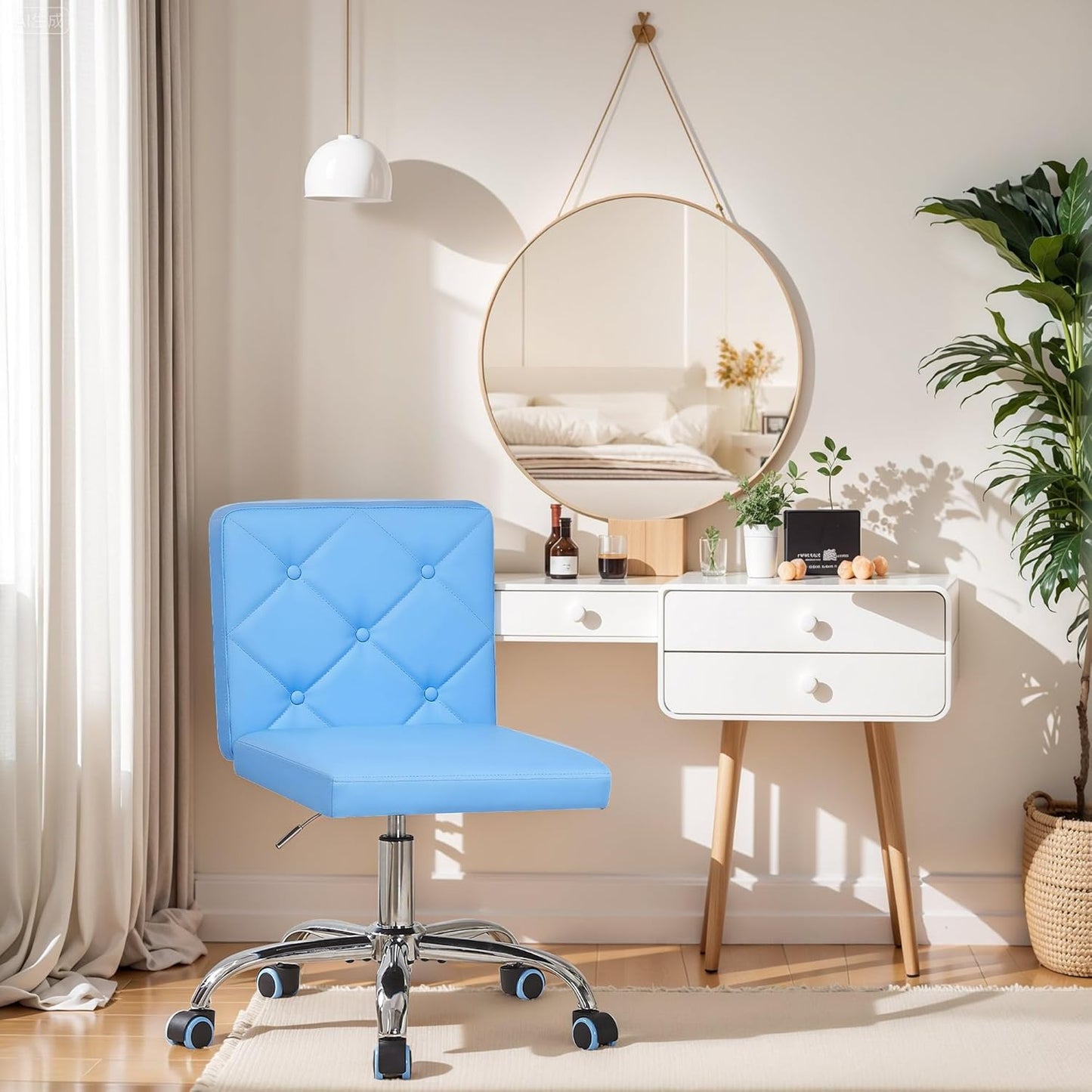 VECELO PU Leather Mid-Back Armless Vanity Chair - Adjustable Height & 360° Rolling Swivel