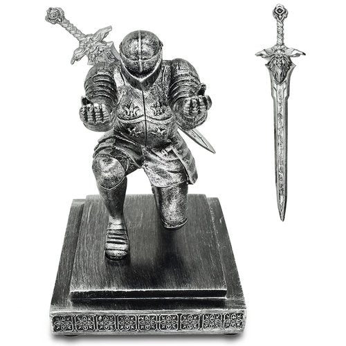 Miyolo Knight Pen Holder with a Sword Kneeling Medieval Soldier Pencil Stand Desk Organizers Fancy Cool Office Home Tabletop Decor for Men Father Husband