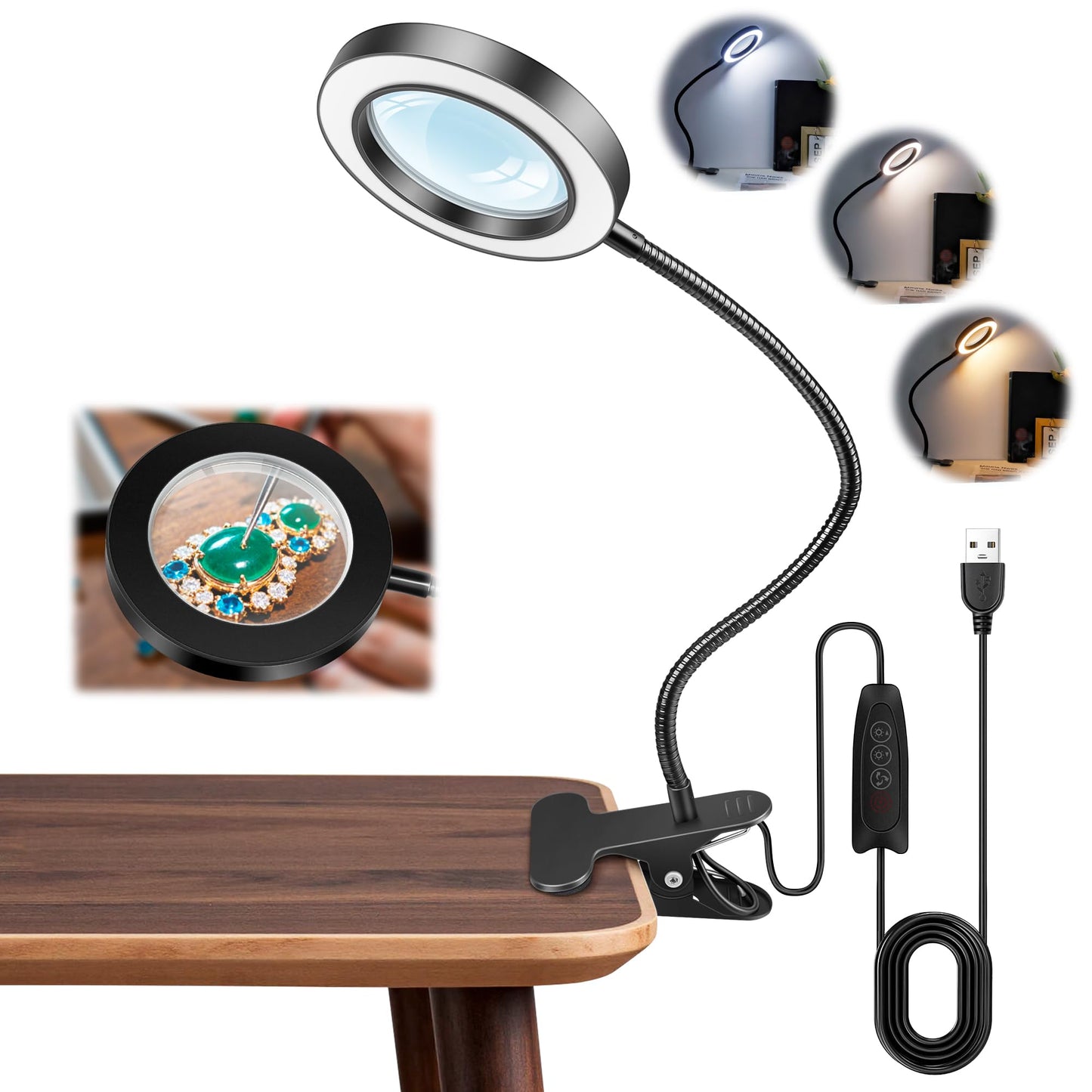 Akynite 10X Magnifying Glass with Light, 2 in 1 Magnifying Desk Lamp Clip on Mganifier with Light, 3 Color Modes 10 Brightness Levels, 58 LED Clip on Reading Lamp for Bed Crafts DIY Repair,No Adapter