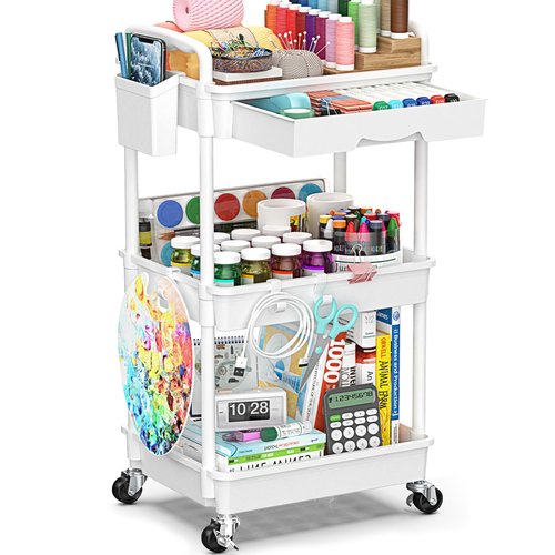 EaseSky 3 Tier Rolling Cart with Drawer, Bathroom Storage Organizer with 2 Lockable Wheels, Multifunctional Rolling Storage Cart for Bathroom, Kitchen, Office, Craft, Makeup, Baby Essentials, White