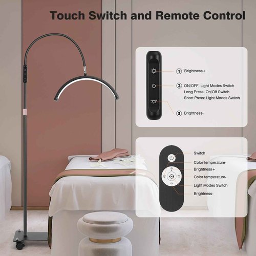 Mznoo Lash Light for Eyelash Tech with Wheels, Half Moon Light for Lash Extensions, Nail Tech, Tattoo Artist and Make up, LED Floor Lamp Adjustable Brightness and Color Modes (Black)