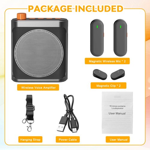 Voice Amplifier with Magnetic Wireless Lavalier Lapel Microphone for Teachers, Portable Bluetooth Speaker with 2pcs Clip-On Microphones,Mini Megaphone Speaker PA System for Classroom/Yoga/Meeting