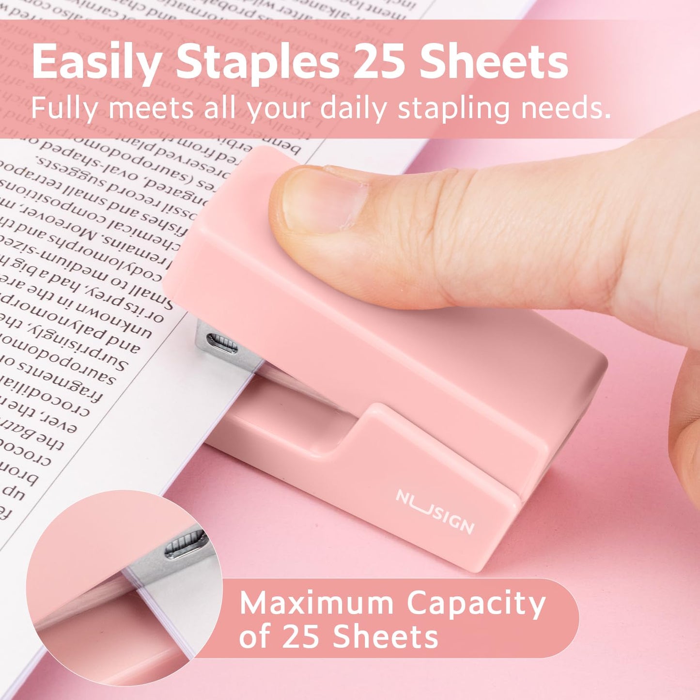 NUSIGN Mini Stapler with 830 Staples, Small Cute Desk Staplers, 25 Sheet Capacity, Pink