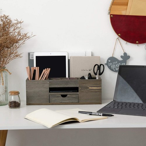 Liry Products Brown Wooden Desktop Organizer Multiple Compartments Rack Shelf Drawer Tabletop Wood Storage Cabinet Office Supplies Caddy Document Stationery Holder Accessory Sorter Vanity Home