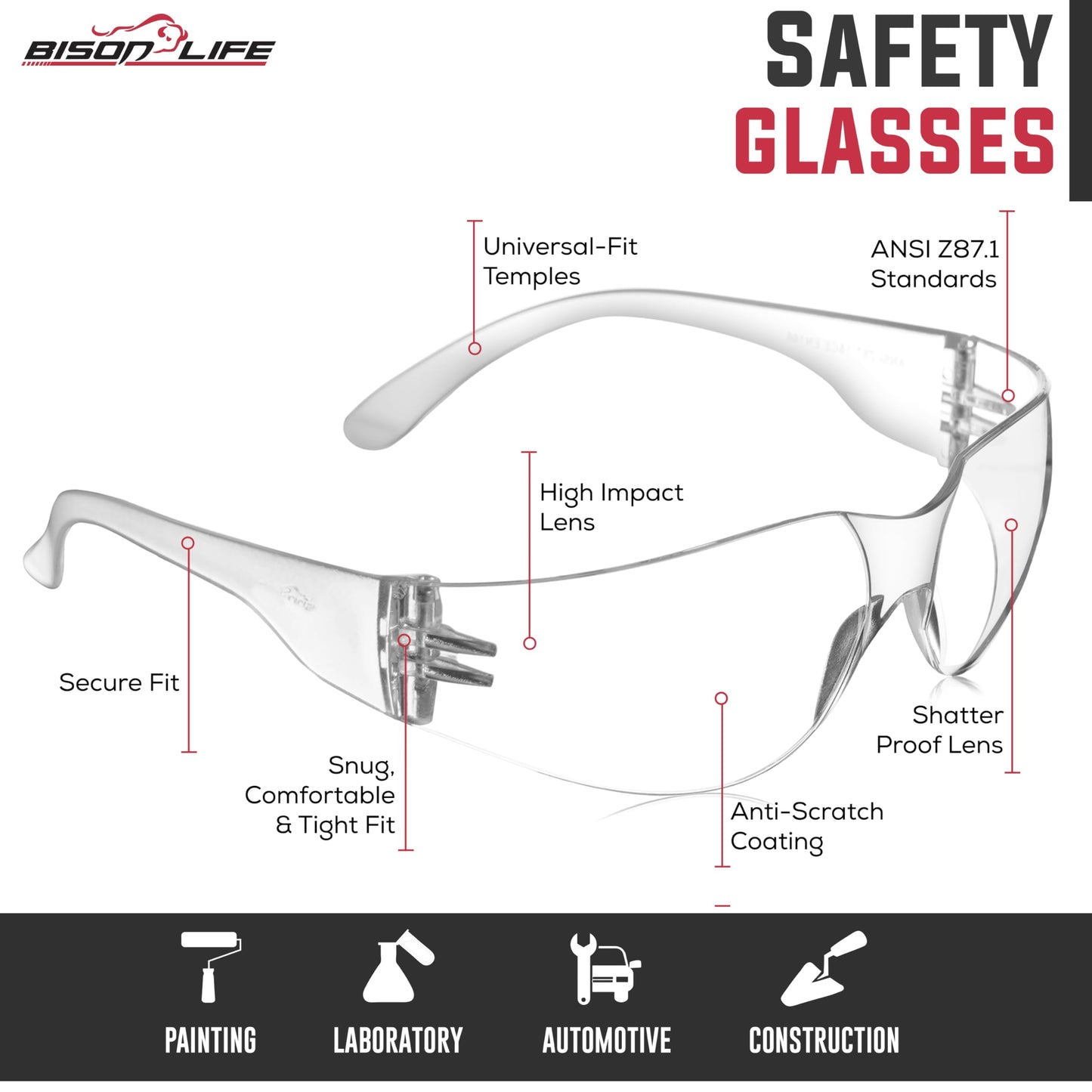 BISON LIFE Safety Glasses | 12 PAIRS with Clear UV Protection, Scratch Resistant, Wrap Around, Ballistic Impact Protected Lenses, One Size, Clear Lens Clear Temple, 12 per pack (1 pack)