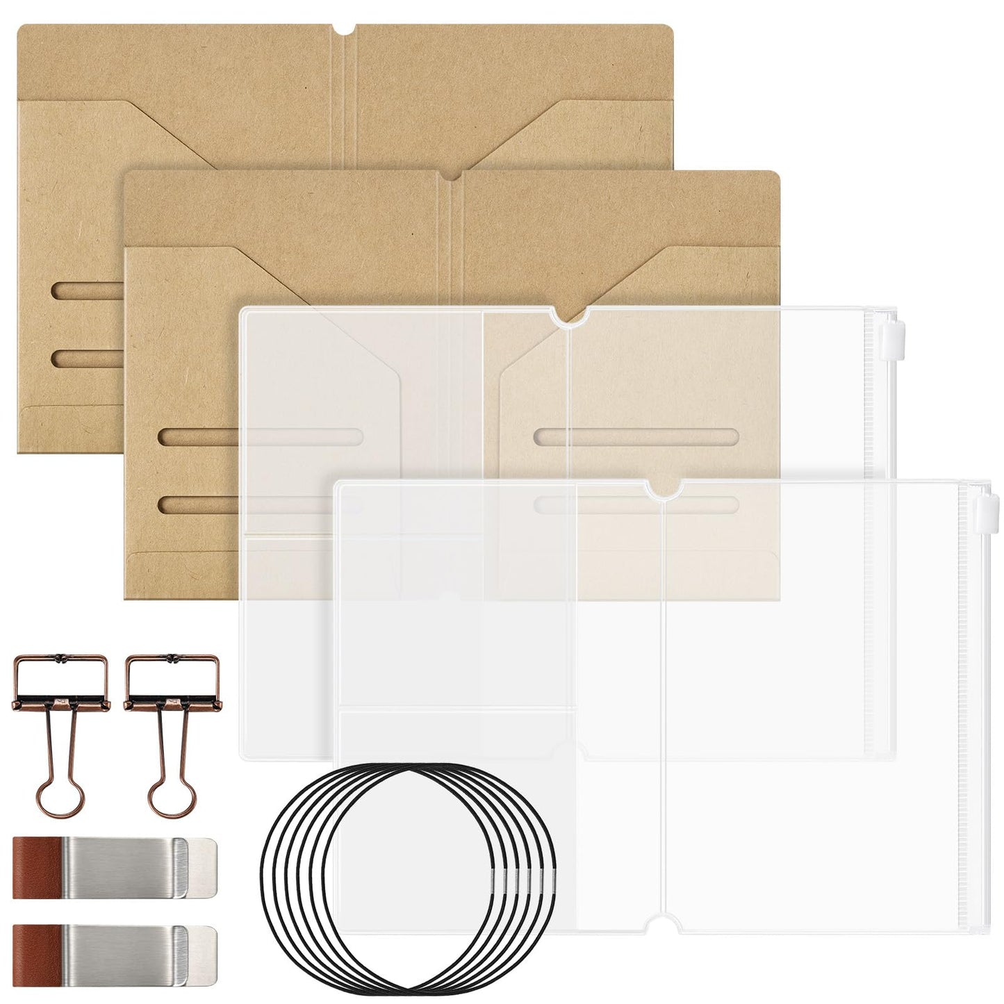 Travelers Notebook Accessories Kit - Kraft File Folders, PVC Zipper Pouches, Pen Holders, Binder Clips, Elastic Bands for Travel Journal Organizer(2 Pack,Passport Size)