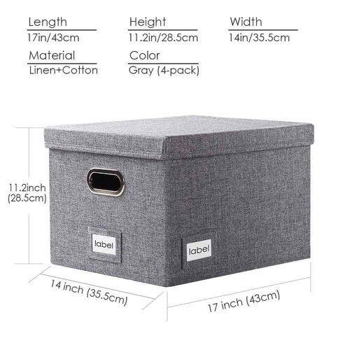 PRANDOM File Organizer Box - Set of 4 Collapsible Decorative Linen Filing Storage Hanging File Folders with Lids Office Cabinet Letter/Legal Size Grey 17.1x14x11.1 inch