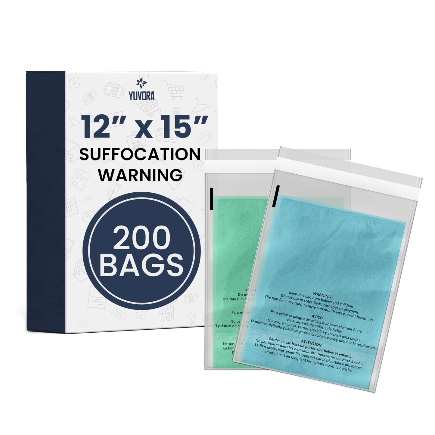 Yuvora 12x15 Inch Clear Poly Bags with Suffocation Warning (200 Count) – Self-Seal Adhesive – Plastic Bags for Shipping, Packaging, Mailing, Apparel, FBA Storage, and Retail Use