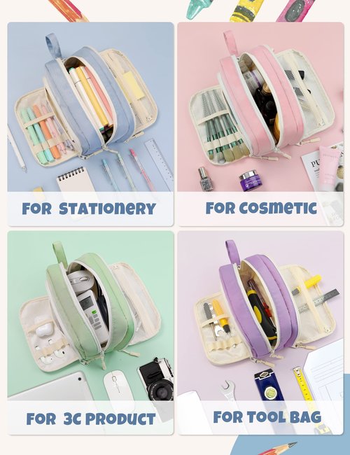 SUNEE Large Pencil Case, Big Capacity Pen Pouch with 3 Compartments, Kawaii Cute Pencil Bag with Zipper, High Storage Stationery Holder and Organizer, School Supplies for Teen and Adult Girls, Blue