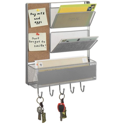 MyGift 16 x 12 Inch Wall Mounted Silver Tone Metal Office Organizer, Entryway Hanging 2 Slot Mail Sorter, Storage Bin Basket, Small Corkboard, and 5 Hook Key Holder