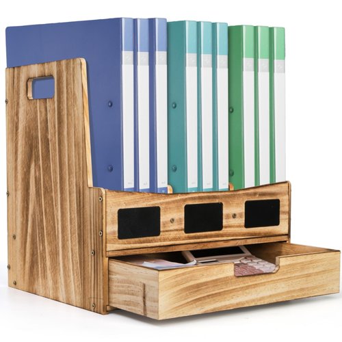Eorbow Wooden Desk File Organizer, Desktop Document Folder Holder with 3 Compartments and 1 Drawer, Desk Organizer Binder Rack with Chalkboard Label, Magazine Storage Box Mail Sorter for Office Home